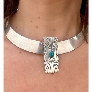 Sterling Silver Torque Choker Necklace 13” W/ Signed JT Navajo Turquoise Brooch
